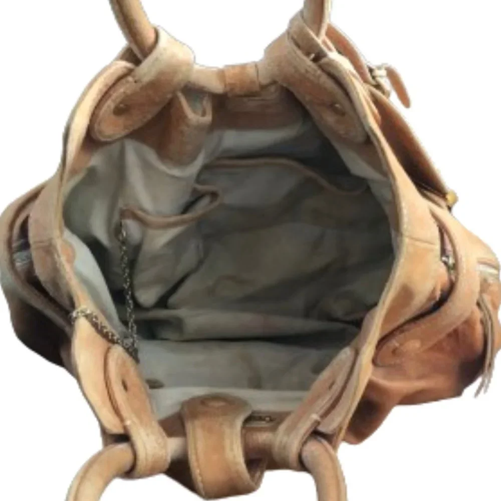 BOTKIER Camel Tan Metallic Suede Leather Crescent Hobo Boho Handbag Bag Purse